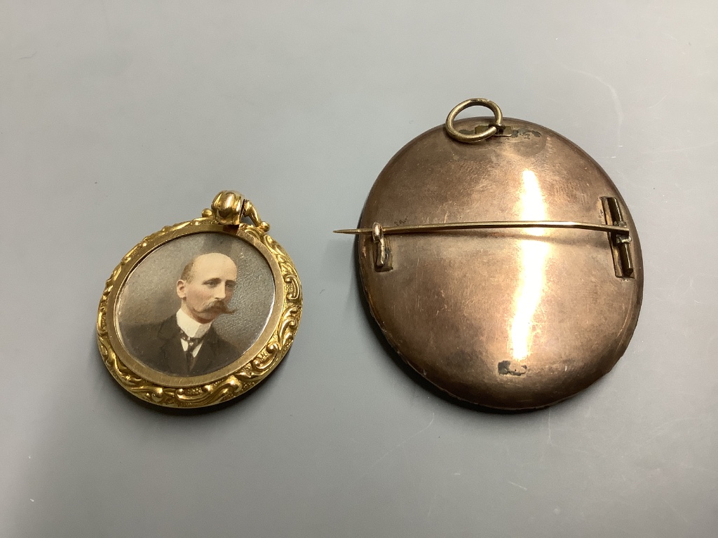 An 18ct mounted double sided miniature portrait pendant and one other gilt metal mounted similar oval brooch